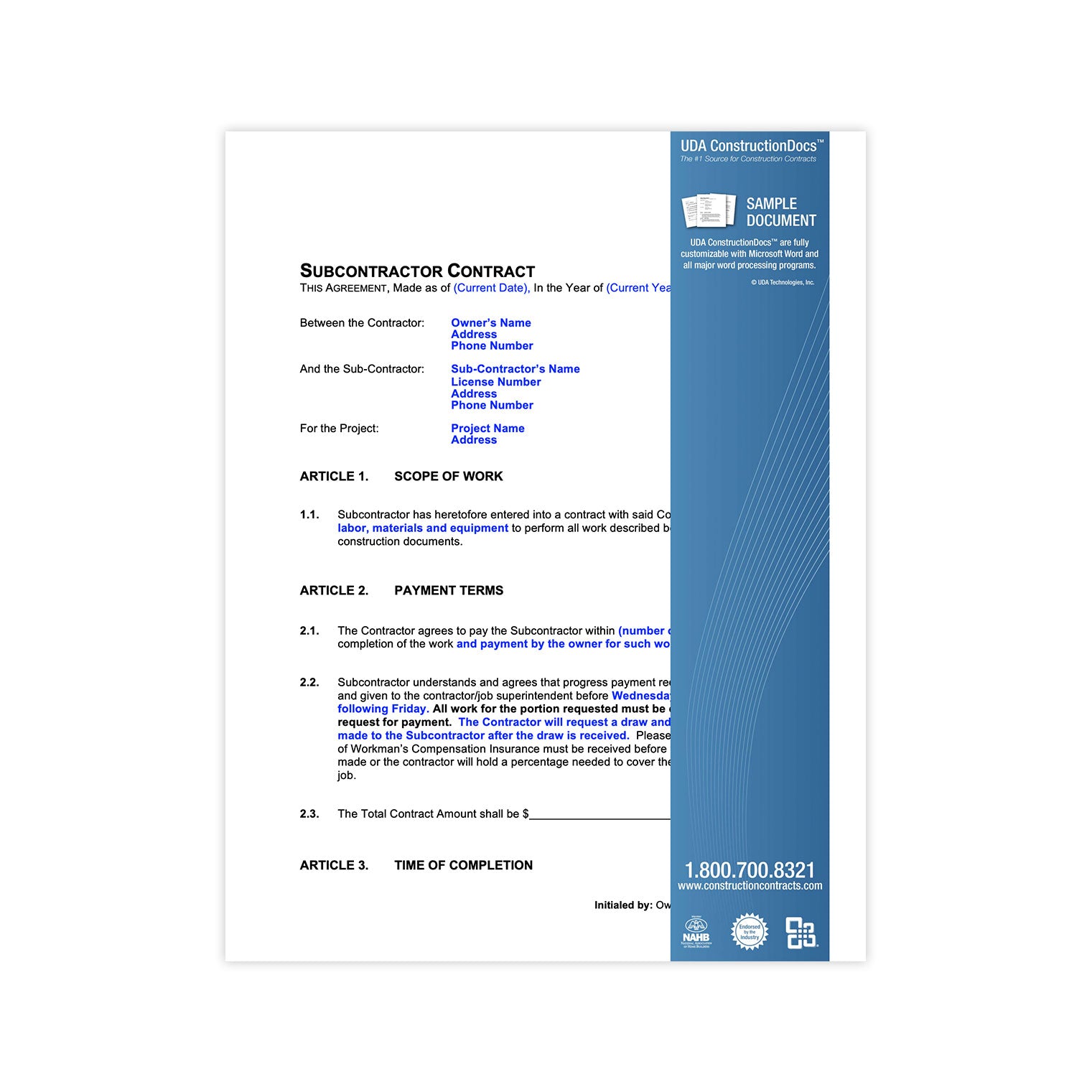 UDA ConstructionDocs™ Fixed Amount Sub Contract - SK01